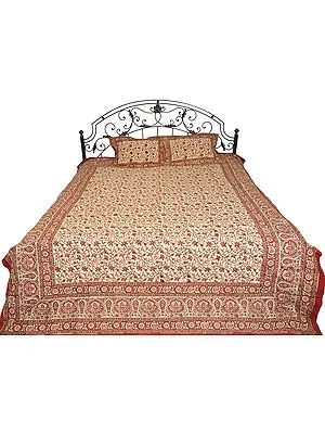 Cream and Red Bedspread with Floral Print