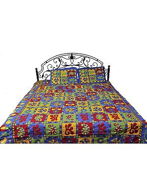 Multi-Colored Sanganeri Bedspread with Printed Flowers and Kantha Embroidery