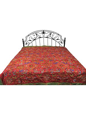 Garnet-Red and Green Gujrati Bedspread with Metallic Thread Embroidered Folk Motifs