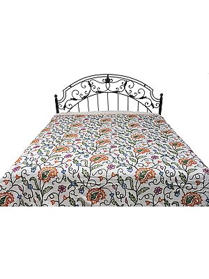 Ivory Bedspread from Kashmir with Ari-Embroidered Paisleys and Flowers