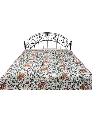 Ivory Bedspread from Kashmir with Ari-Embroidered Paisleys and Flowers