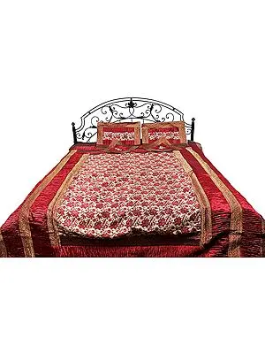 Five-Piece Banarasi Bedspread with Woven Flowers All-Over and Brocaded Border