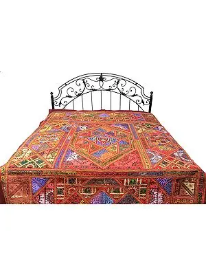 Garnet-Red Kutch Patch Bedspread with All-Over Embroidery and Mirrors