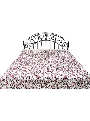 Ivory Bedspread from Kashmir with Ari-Embroidered Flowers All-Over