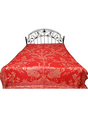 Cardinal-Red Reversible Jamawar Bedspread with Woven Tree of Life