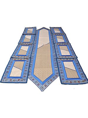 Beige and Blue Nine-Piece Banarasi Dinner Set with Golden Thread Weave and Brocade Border