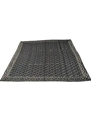 Caviar-Black Meenakari Table Cover from Banaras with Woven Elephants and Peacocks