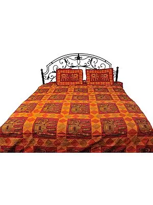 Pompeian-Red Sanganeri Bedspread with Printed Elephants and Kantha Stitched Embroidery