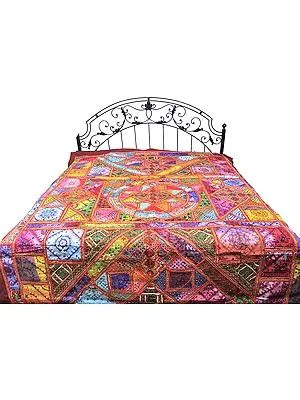 Multi-Color Kutch Bedcover with Patch Work, Mirrors and Antiquated Embroidery