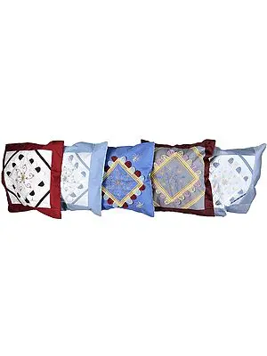 Lot of Five Cushion Covers with Thread Embroidered Flowers and Patch-Work