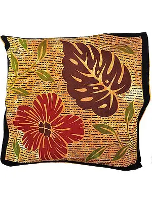 Mustard Cushion Cover with Printed Flowers and Leaves