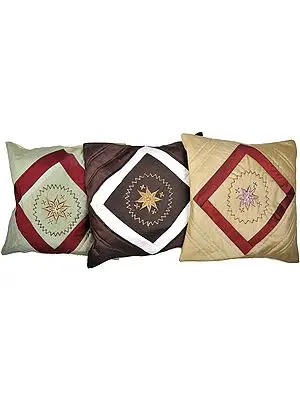 Lot of Three Cushion Covers with Thread Embroidered Flowers and Patch Work