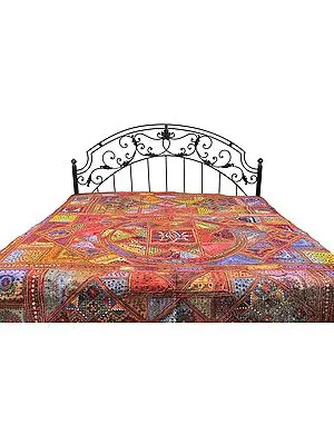 Cardinal-Red Kutch Patch Bedspread with Large Embroidered Mandala