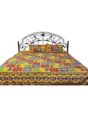 Multi-Color Sanganeri Bedspread with Printed Flowers and Kantha Embroidery