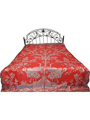 Mineral-Red Reversible Jamawar Bedspread with Woven Tree of Life