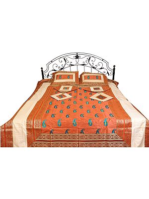Seven-Piece Banarasi Bedspread with Floral Weave and Embroidered Paisleys