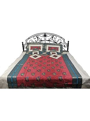 Seven-Piece Banarasi Bedspread with Floral Weave and Embroidered Paisleys