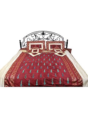 Seven-Piece Banarasi Bedspread with Floral Weave and Embroidered Paisleys