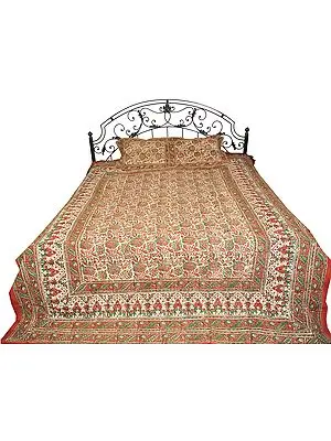 Red-Ochre Bedspread from Sanganer with Printed Flowers