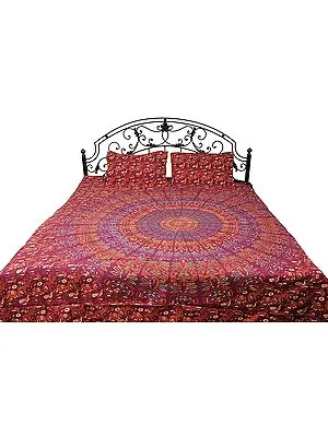 Maroon Bedspread from Pilkhuwa with Printed Giant Mandala