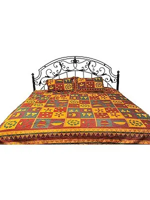 Mustard Sanganeri Bedspread with Printed Flowers and Kantha Embroidery