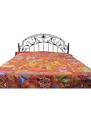 Multi-Color Kutch Patch Bedspread with All-Over Embroidery and Mirrors