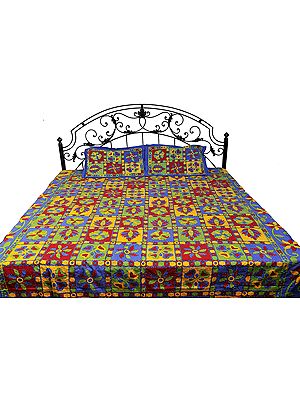 Blue-Iris Sanganeri Bedspread with Printed Flowers and Kantha Embroidery