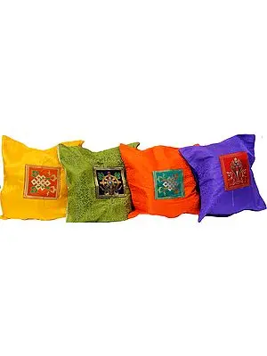 Lot of Four Ashtamangla Patch Cushion Covers from Banaras