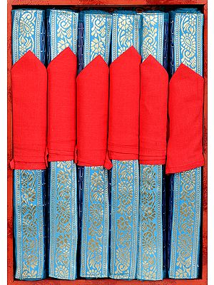 Set of Six Coronet-Blue Dining Table Mats with Patch Border