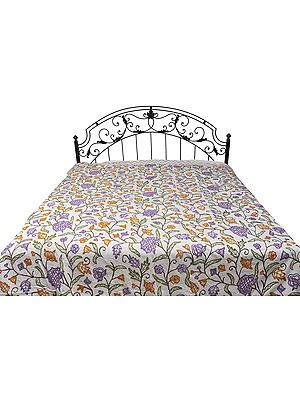 Ivory Bedspread from Kashmir with Ari-Embroidered Flowers
