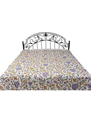 Ivory Bedspread from Kashmir with Ari-Embroidered Flowers
