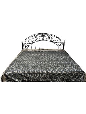 Neutral-Gray Bedspread with All-Over Woven Flowers and Meenakari Border