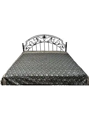 Neutral-Gray Bedspread with All-Over Woven Flowers and Meenakari Border