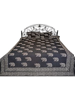 Caviar-Black Bedspread from Gujarat with Block-Printed Elephants