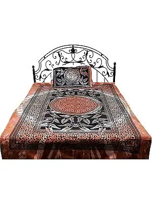 Brown and Black Single-Bed Bedspread from Pilkhuwa with Large Printed Leaves