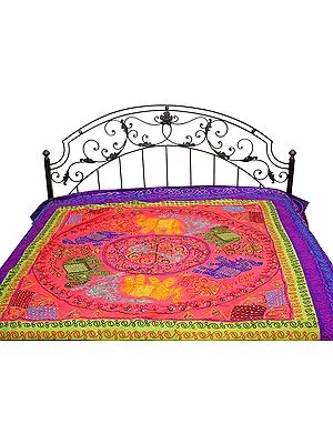 Gujarati Bedspread with Appliqué Elephants and All-Over Embroidery