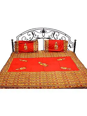 Rococco-Red Applique Bedspread from Gujarat with Embroidered Lady