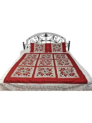 Ivory and Red Gujarati Bedspread with Embroidered Elephants and Mirrors