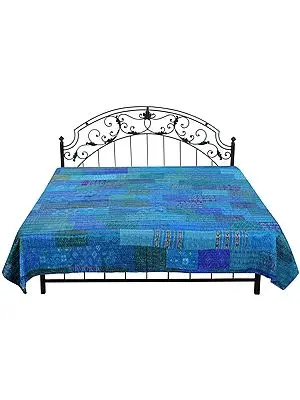 Brilliant-Blue Bedspread from Gujarat with Printed Floral Patch Work and Kantha Stitch