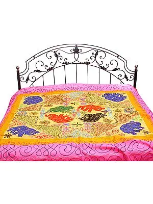 Mimosa-Yellow and Pink Gujarati Bedspread with Applique Elephants and Hand-Embroidery