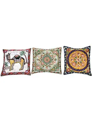 Lot of Three Cushion Covers with Aari Embroidery