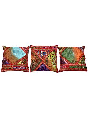 Lot of Three Multicolored Cushion Covers from Kutch with Embroidery and Mirrors