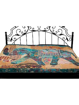 Gujarati Bedcover with Applique Elephant and All-Over Embroidery with Sequins Work