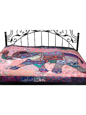 Gujarati Bedcover with Applique Elephant and All-Over Embroidery with Sequins Work