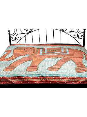 Gujarati Bedcover with Applique Elephant and All-Over Embroidery with Sequins Work
