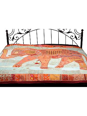 Gujarati Bedcover with Applique Elephant and All-Over Embroidery with Sequins Work