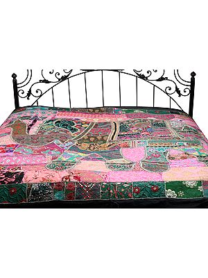 Gujarati Bedcover with Applique Elephant and All-Over Embroidery with Sequins Work