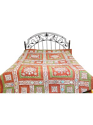 Patchwork Stone-washed Bedspread from Gujarat with Flowers and Kantha Stitch