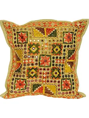 Cushion Cover from Jaipur with Embroidered Flowers and Mirrors