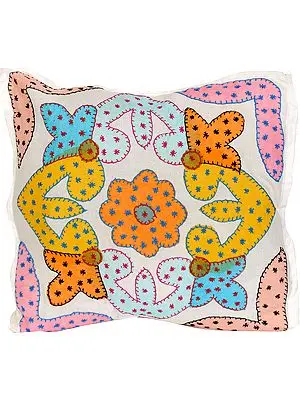 Winter-White Cushion Cover with Applique and Kantha Embroidery